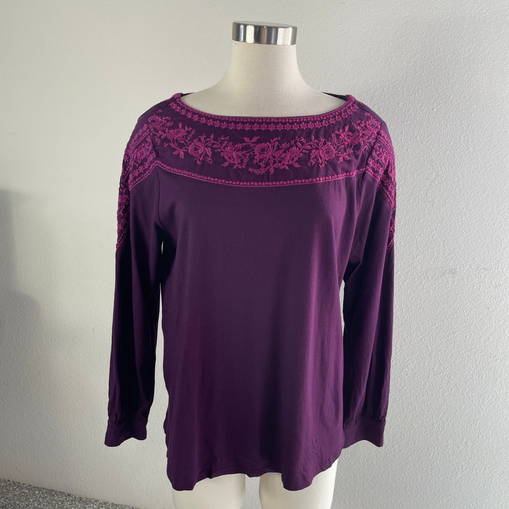 J Jill Womens Large Petite Purple Cotton Modal Embroidered Boatneck Top Shirt